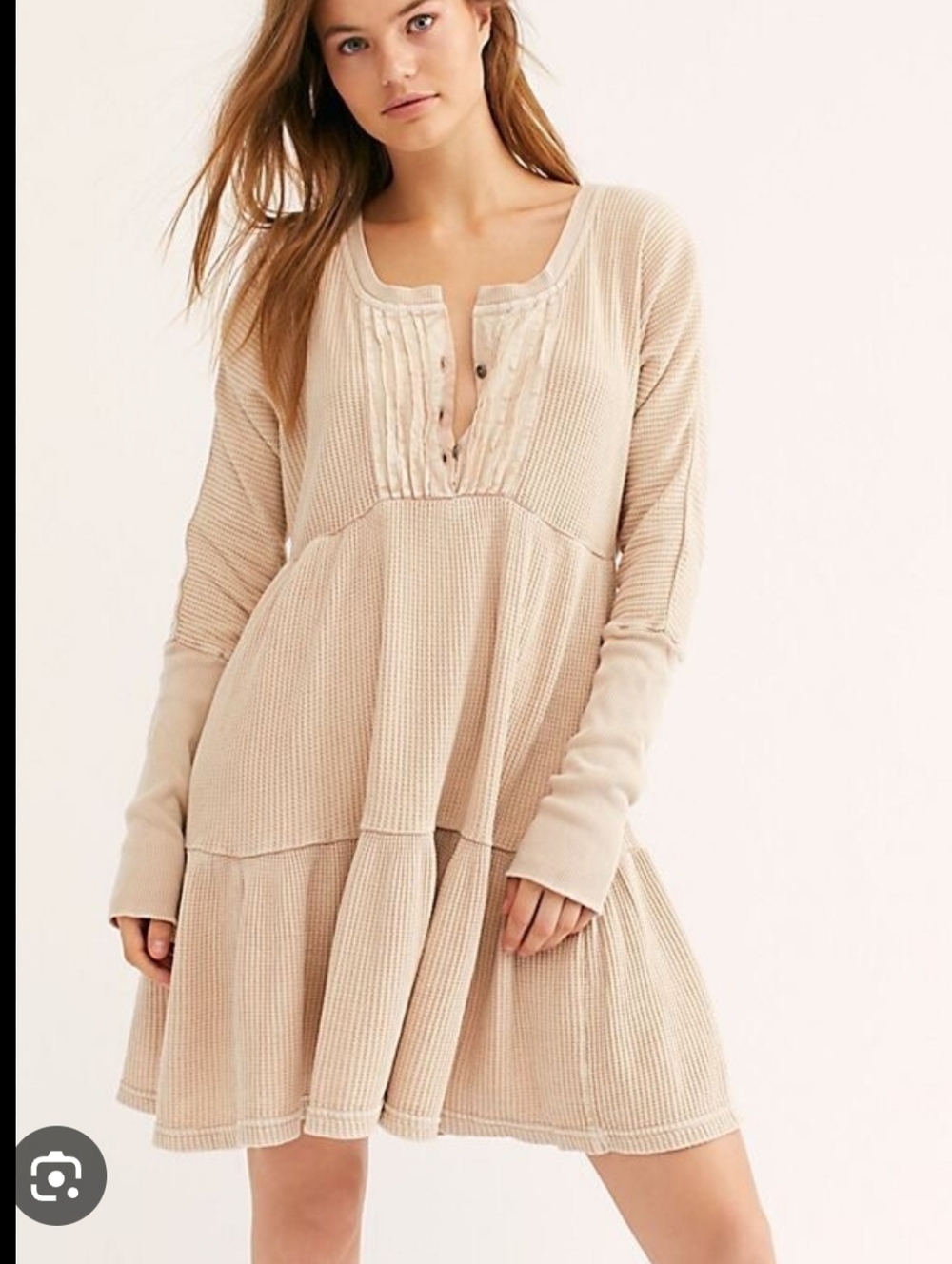 Free People Jolene Thermal Blush Waffle Knit Ruffle Henley Mini Dress Tunic
